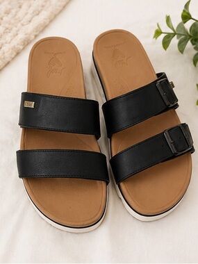 Reef Black Slide Sandals with Tan Footbed